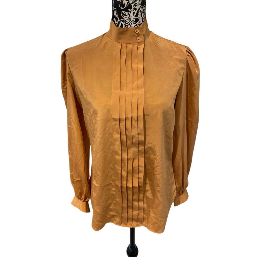 Casual Corner Satin Pleated High Neck Secretary Blouse Vintage Top Office